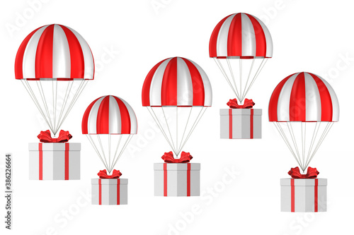 white box with red bow and parachute on white background. Isolated 3D illustr...