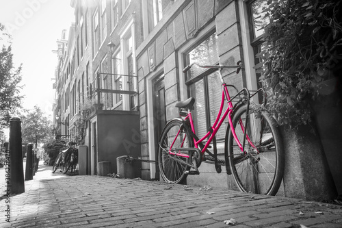 A picture of a lonely pink bike on the street by the channel in Amsterdam. The background is black and white.