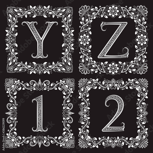 Decorative ornate monograms set. Y, Z vintage letters and 1, 2 numbers in square floral frames.