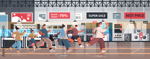 mix race people in protective masks running to store on sale black friday promotion event coronavirus quarantine concept electronics shop interior full length horizontal vector illustration