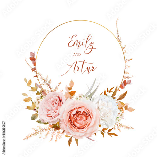 Vector watercolor wedding invite card design. Blush peach, ivory white Rose, wax flowers, autumn beige, burnt orange Eucalyptus branches foliage, fern leaves bouquet wreath & luxury golden round frame