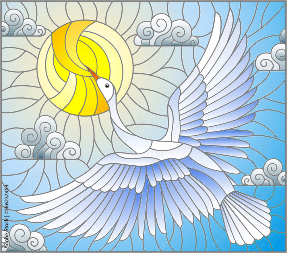 Fototapeta premium A stained glass illustration with a white Swan flying against a cloudy blue sky and the sun