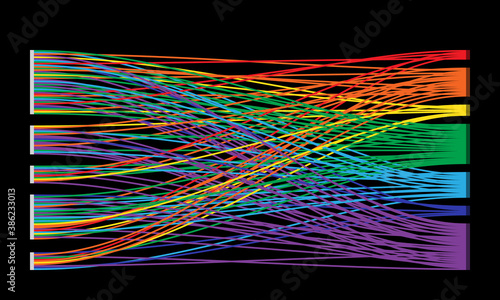 Color lines order in left and chaotic in right. Big data analyzing concept.