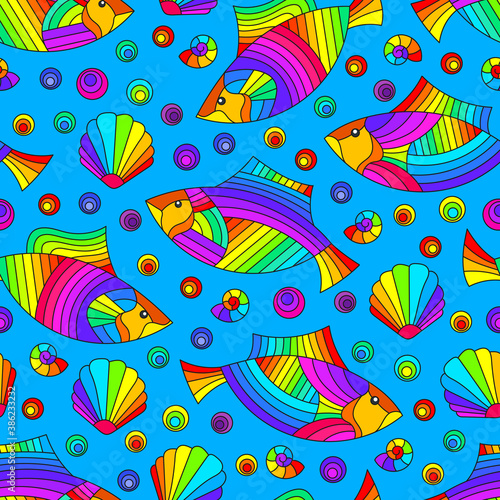 Seamless pattern on a marine theme with bright rainbow fish and shells  bright fish on a blue background