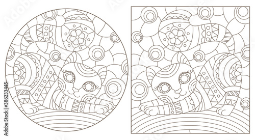 Set of outline illustrations in the style of stained glass with abstract cats , dark outlines on white background