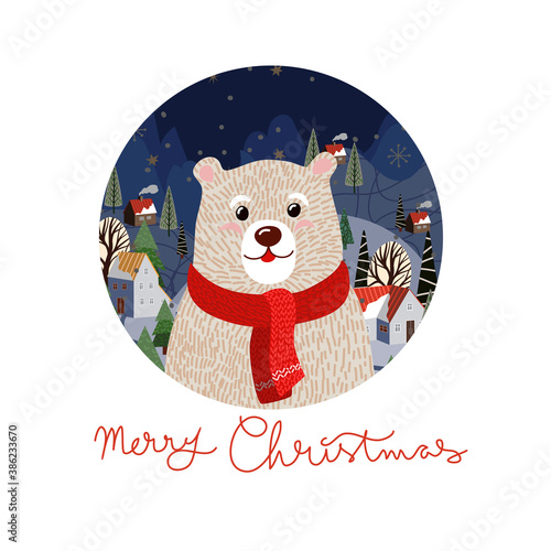 Christmas card with cute polar bear in a red scarf. Vector cartoon flat illustration. © Yumeee