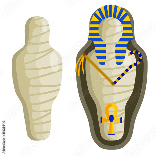 Mummy in sarcophagus. Body of Pharaoh. Golden scepter and symbol of immortality. Flat cartoon illustration. Egyptian king. Archaeology and Halloween monster