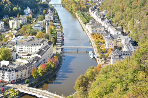Aerial view of the city of Bad Ems. View of the Lan River and the city. Autumn colors.