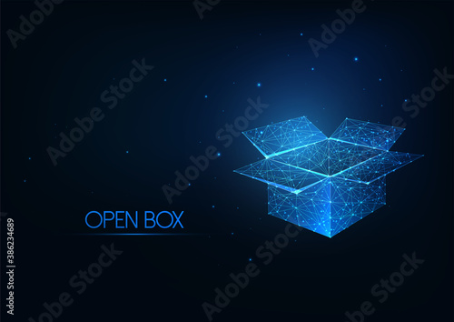 Futuristic glowing low polygonal open box isolated on dark blue background.