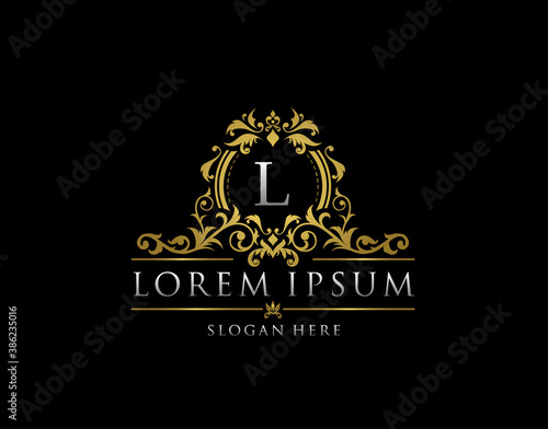 Royal Boutique Badge With L Letter Logo.Classy Elegant Badge design for Boutique, Royalty, Letter Stamp,  Hotel, Heraldic, Jewelry, Wedding.