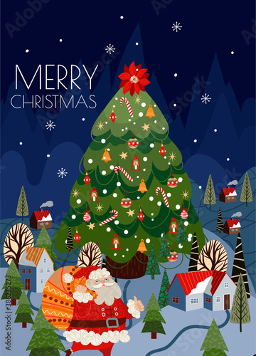 Christmas cards with simple cute illustrations of Santa Claus and holiday decor. Vector.