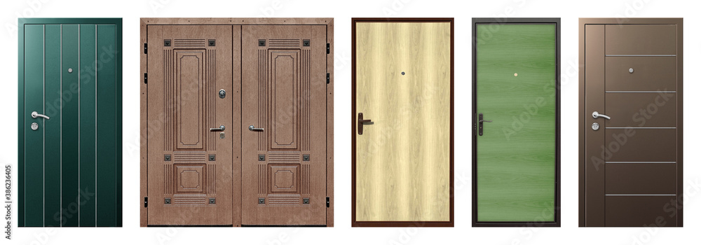 Fototapeta premium Set of models of entrance metal doors isolated on white background