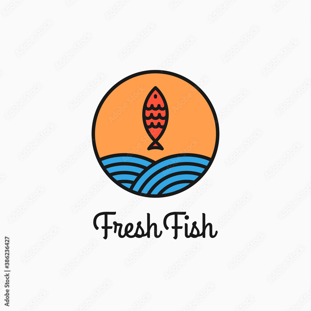 Fish round logo. Linear circle with fish and waves Fish round logo. Linear circle with fish and waves