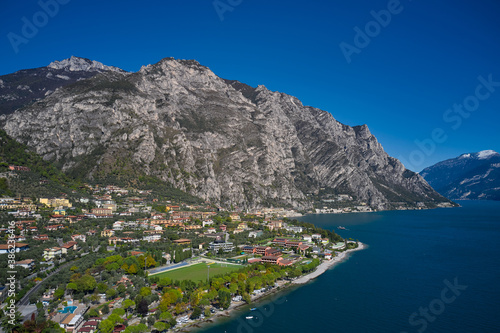 Panoramic aerial view of the historic part of the city limone sul garda. Italian resort on Lake Garda. Town Limone Sul Garda, Lake Garda, Italy.