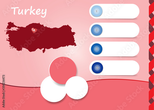 Turkey template vector showing blind map of Turkey with four blank labels and three circles ready for your text.
