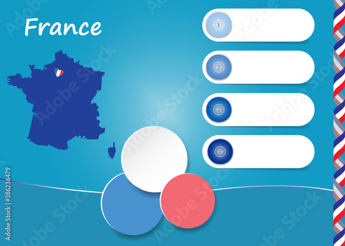 France template vector showing blind map of France with four blank labels and three circles ready for your text.