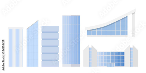 Set of modern skyscrappers and administrative buildings with glass facade. Vector illustration in flat style isolated on white