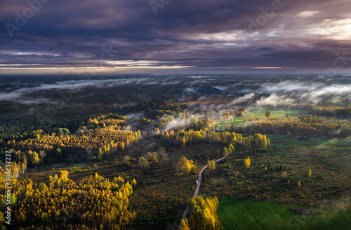 Fototapeta Naklejka Na Ścianę i Meble -  Epic sunrise over the foggy valley in autumn. Morning light lightens colorful forest covered in mist. Impressive storm clouds. 