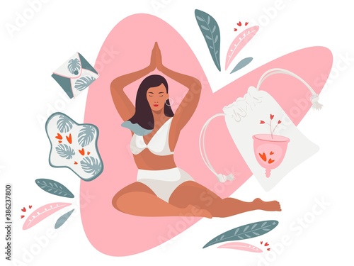 Menstruation theme. Zero waste period. Natural and eco friendly feminine hygiene products. Menstrual cup. Vector cartoon flat illustration.	