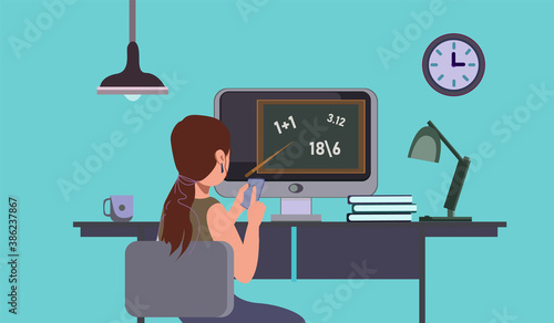 Student Learning Online at Home. Character Sitting at Desk, Looking at Laptop and Studying with Smartphone. Webinar, digital classroom, online teaching metaphors. Vector concept metaphor illustrations
