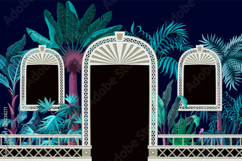 Pattern with tropical trees and door openings in a garden style