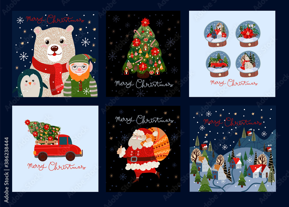 Set of Christmas cards with simple cute illustrations of polar bear, Santa Claus and holiday decor. Vector.
