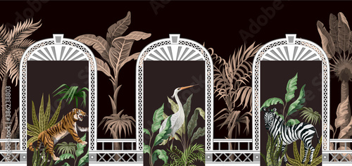 Border with tropical trees, animals and door openings in a garden style. Trendy interior print