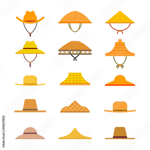 Set of straw hats. Caps for gardener and farmer. Icons isolated on white background. Vector illustration in flat design.