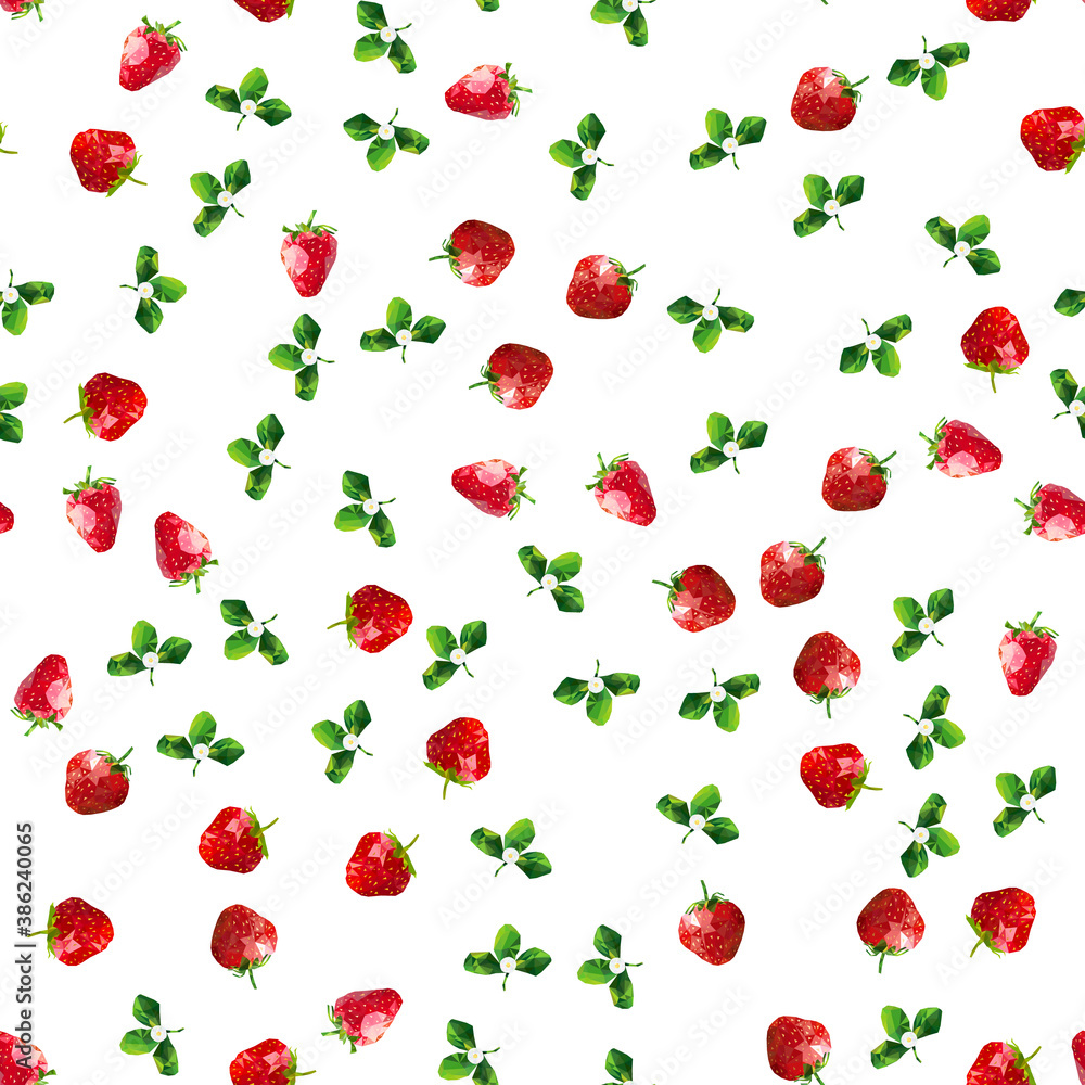 Low Poly strawberries and flowers seamless pattern on white background. Colorful abstract background. Vector illustration. Low Poly strawberries and flowers seamless pattern on white background. Colorful abstract background. Vector illustration.