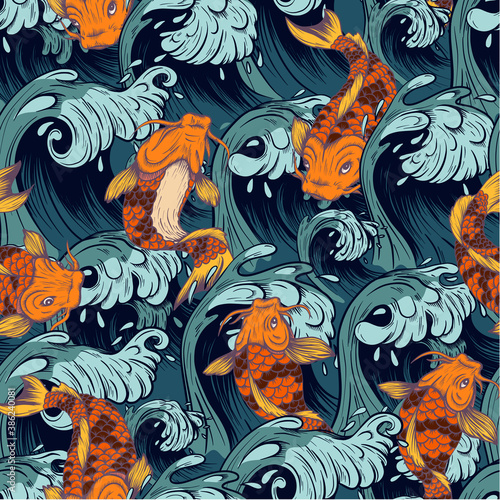 Seamless pattern with fish koi. Japanese vintage print