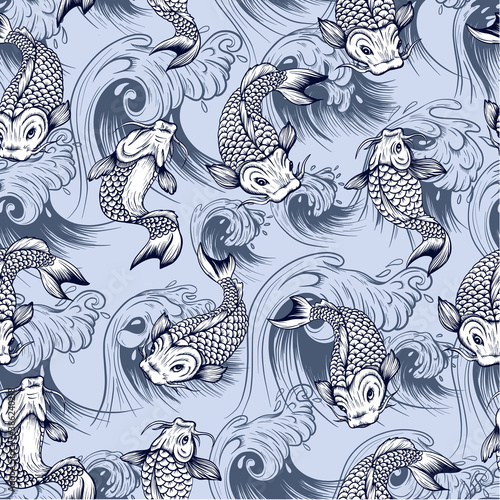 Seamless pattern with fish koi. Japanese vintage print