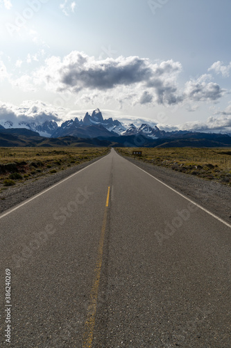 View of Mount Fitz Roy on the road approaching El Chaltén from the Southeast in Argentine Patagonia