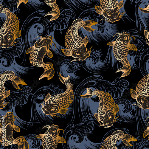 Seamless pattern with golden fish koi. Japanese vintage print