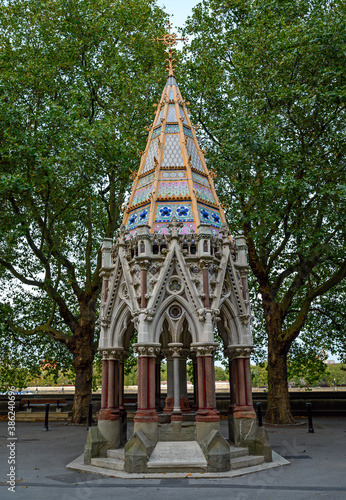 Buxton Memorial Fountain in Victoria Tower Gardens, Westminster, London, UK. This water fountain commemorates the emancipation of slaves in 1834. It is near the Houses of Parliament and River Thames.