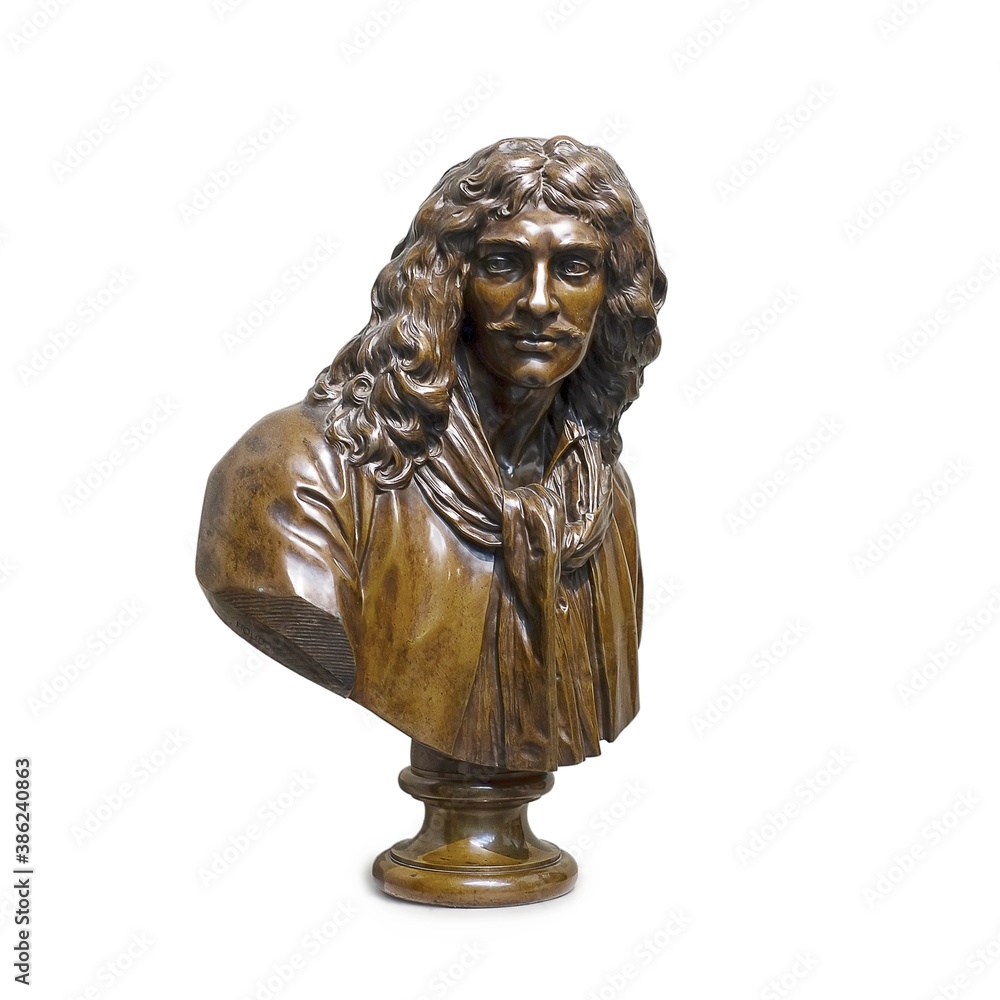 Bronze portrait of the French actor and playwright Moliere (1622-1673) isolated on white background Bronze portrait of the French actor and playwright Moliere (1622-1673) isolated on white background