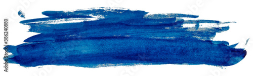 Long blue smear watercolor paint spot isolated on white background.