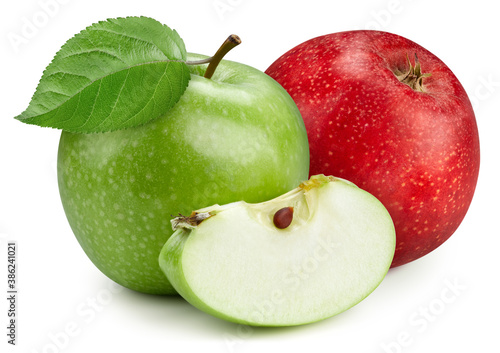A green apple with a slice and a red whole apple