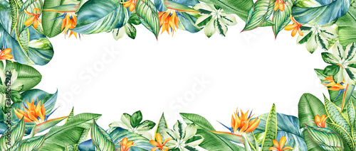 Floral frame with watercolor tropical plants and orange flowers