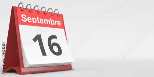 September 16 date written in French on the flip calendar page, 3d rendering