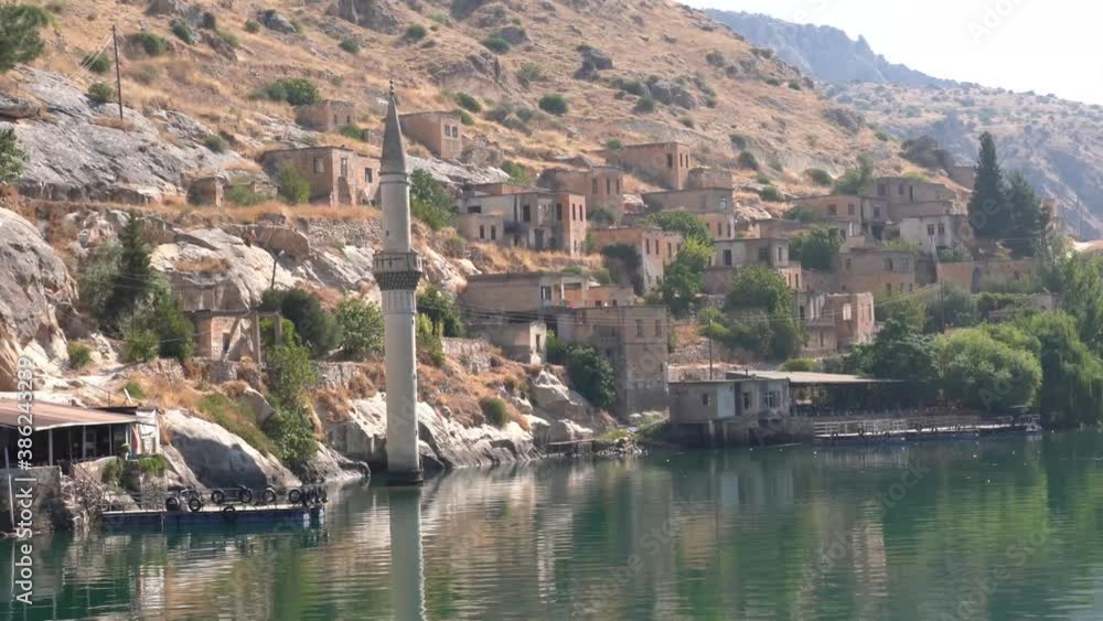 Halfeti Village with sunken mosque in Sanliurfa Province of Turkey
