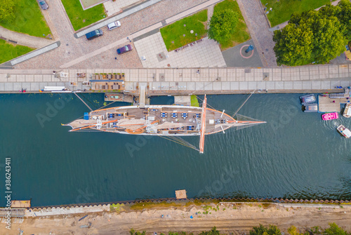 Aerial view of a sail boat called Meridianas in Klaipeda, Lithuania photo