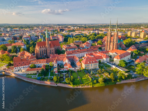 Aerial panoramic view of Wroclaw old town and Cathedral on the shore of Odra