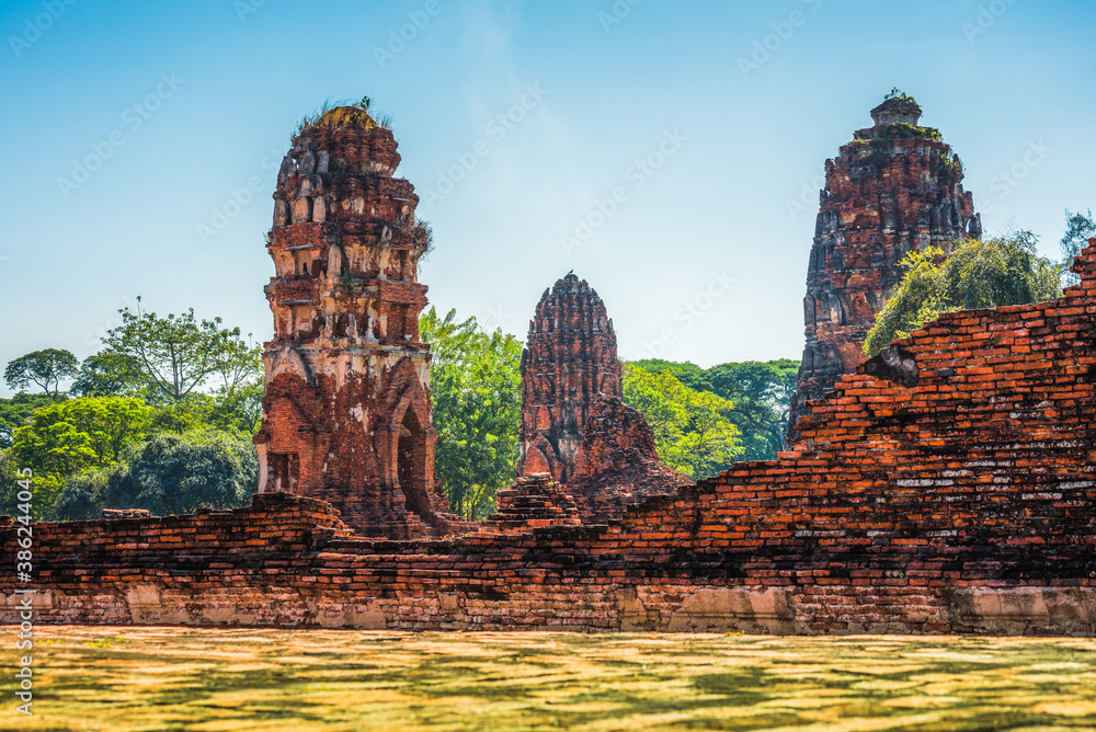 Architecture at Ayutthaya Historical Park on a Sunny Day in Ayutthaya Province, Thailand. Structures of Old Thai Capital City.