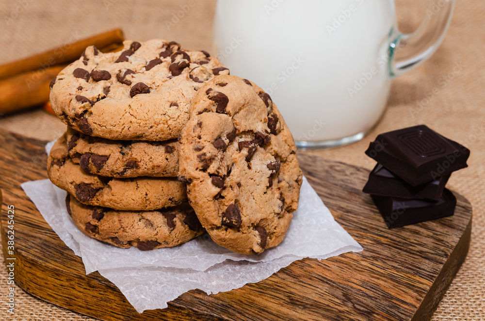 Homemade chocolate chip cookies with a cup of milk Homemade chocolate chip cookies with a cup of milk