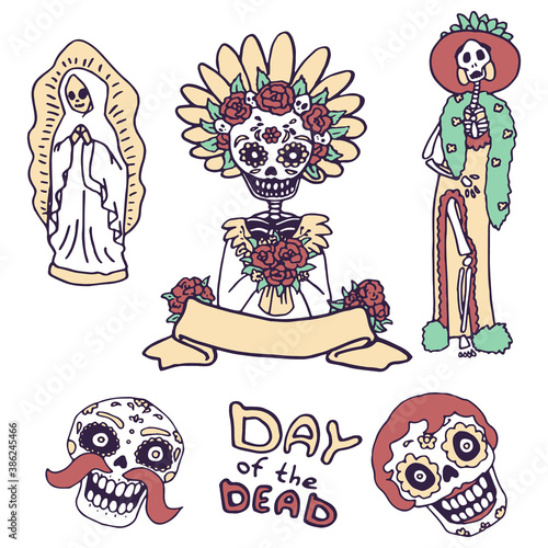 Calavera skull icon set on white isolated backdrop. Santa muerte for invitation or gift card, notebook, bath tile, scrapbook. Phone case or cloth print art. Doodle style stock vector illustration