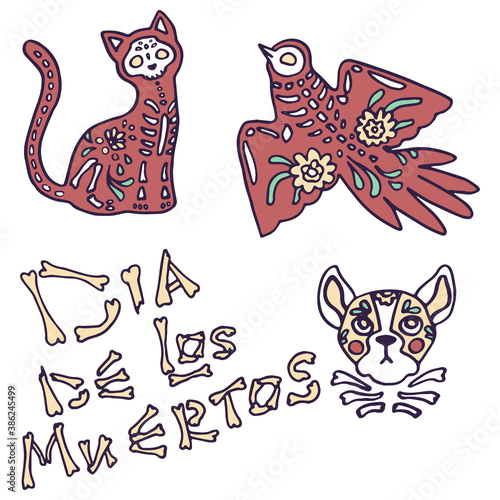 Tribal cat and bird on white isolated backdrop. Day of the dead symbol for invitation or gift card, notebook, bath tile, scrapbook Phone case or cloth print Doodle style stock vector illustration