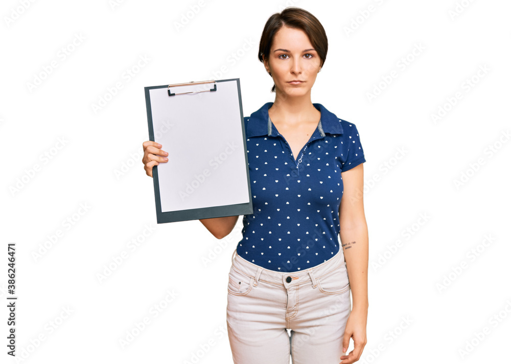 Young brunette woman with short hair holding clipboard with blank space thinking attitude and sober expression looking self confident Young brunette woman with short hair holding clipboard with blank space thinking attitude and sober expression looking self confident