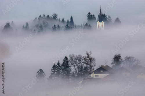 A foggy morning in a typically Slovenian landscape