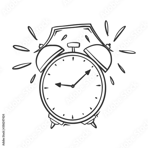 Hand drawn vector of ringing alarm clock, isolated on white background.