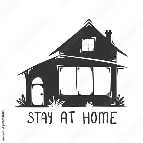 Hand drawn vector of house with Stay At Home lettering, isolated on white background.